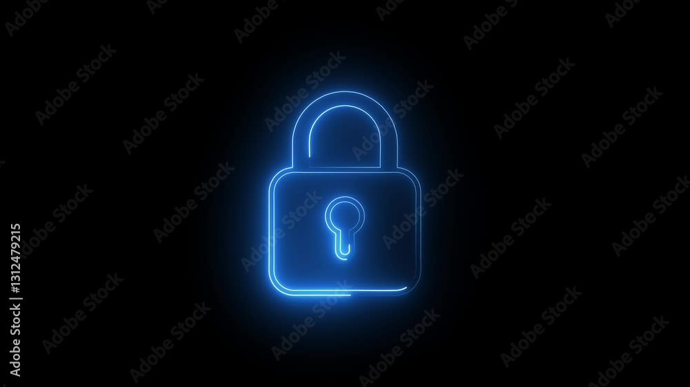 Poster glowing neon blue color lock animation icon, padlock shield animated icon protective shield lock gua