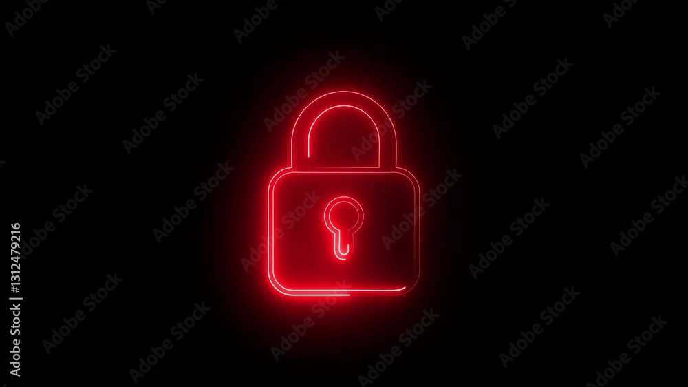 Poster glowing neon red color lock animation icon, padlock shield animated icon protective shield lock guar