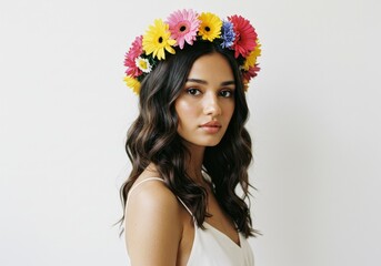Naklejka premium Woman with Floral Headcrown - A young woman with long brown wavy hair wears a vibrant flower crown. She's wearing a simple white dress against a white background