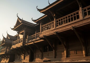 Asian Wooden Structures Sunrise Architecture - Ancient Asian architecture, wooden buildings, sunrise glow, intricate details, cultural heritage. Symbolizing history, craftsmanship, serenity
