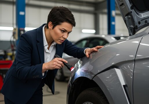 Auto Damage Inspection: A Detailed Examination - A female inspector meticulously examines car damage using a flashlight, ensuring thorough assessment of the vehicle's condition