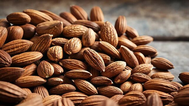 Pile of raw almonds on a wooden surface
