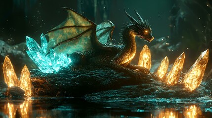 Naklejka premium A majestic dragon resting on a floating island, surrounded by glowing crystals, cinematic lighting