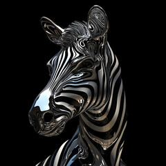 Zebra with glass and metal effect on a black background, futuristic style