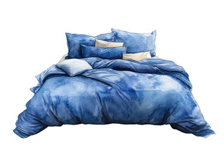 Cartoonish Watercolor Illustration of a Cozy Navy Blue Bedspread with Soft Pillows