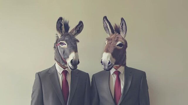 Businessmen wearing donkey head masks and suits standing next to each other on a light background