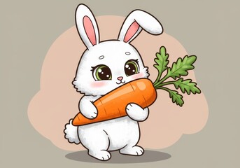 Obraz premium Cute Bunny Holding a Carrot Illustration - Adorable cartoon rabbit, large eyes, holding a big carrot, springtime, healthy eating. Symbolizes: happiness, wholesomeness, springtime, harvest