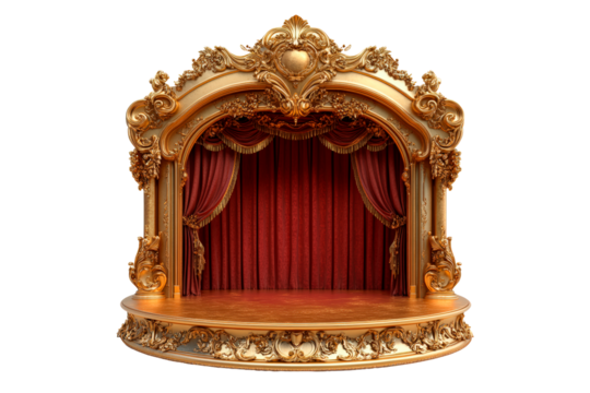 A gold and red stage with a red curtain isolated on transparent background - Powered by Adobe