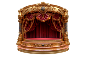 Ornate theater stage with rich red curtains and intricate golden details isolated on transparent background