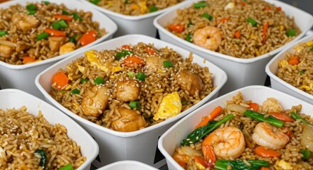 Delicious Fried Rice in Containers - Multiple containers of flavorful fried rice, featuring chicken, shrimp, and vegetables. Perfect for takeout or catering