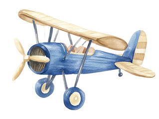 Charming Watercolor Illustration of a Wooden Toy Airplane Ideal for Children's Decor and Creative Projects