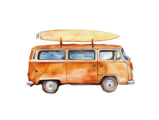 Vintage Watercolor Illustration of an Orange Van with a Surfboard on Top, Ideal for Travel or Beach-Themed Projects