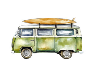 Vintage Watercolor Illustration of a Surf Van with a Surfboard on the Roof