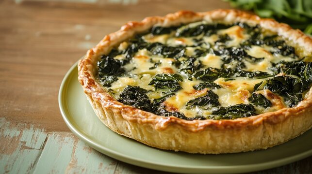 Swiss chard and cheese pie showcases fresh greens in a buttery pastry on a pale green plate