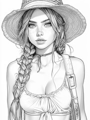 Coloring page for adults, beautiful girl in sunglasses, swimsuit, hat on the beach at the resort