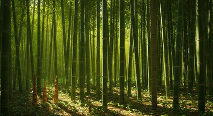 Obraz premium Walking in Bamboo Forest with Sunlight Shining Through the Tall Stalks