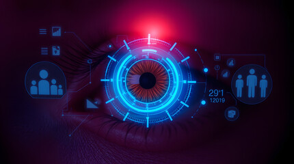Fototapeta premium A close-up of a human eye overlaid with a futuristic digital interface, displaying a circular HUD (Heads-Up Display) with various icons related to business, analytics, and human resources. 