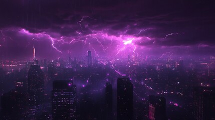 City night sky flickers with purple lightning.