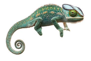 Fototapeta premium Colorful Chameleon with Curled Tail Sitting on Branch Isolated Against Transparent Background