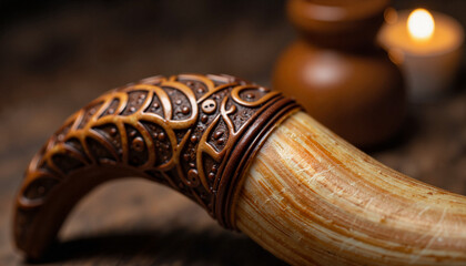 Intricate polished shofar adorned with carvings, cultural symbolism