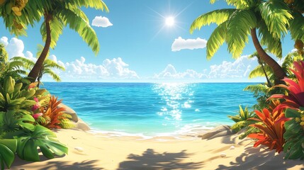 Naklejka premium A beautiful tropical beach scene with lush green palm trees