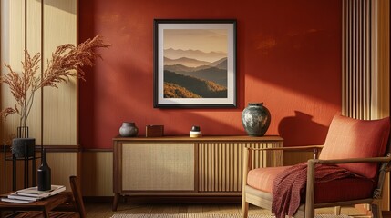 Cozy living room with a stylish poster frame, wooden sideboard, vase, armchair, rug, and personal touches. Perfect for home decorating and showcasing designs.