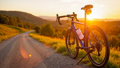 Obraz premium Bicycle resting near scenic trail at sunset, outdoor adventure
