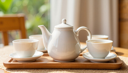 Fototapeta premium Elegant porcelain teapot and teacups on wooden tray, tea time ritual