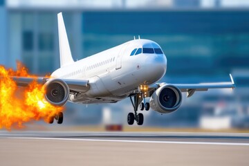 Obraz premium Side view of airplane with fire trails in flight