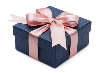 Obraz premium Gift Box with Pink Ribbon on White Background - A navy blue gift box with a pink ribbon symbolizes celebration, appreciation, love, surprise, and joy. Perfect for gifting occasions