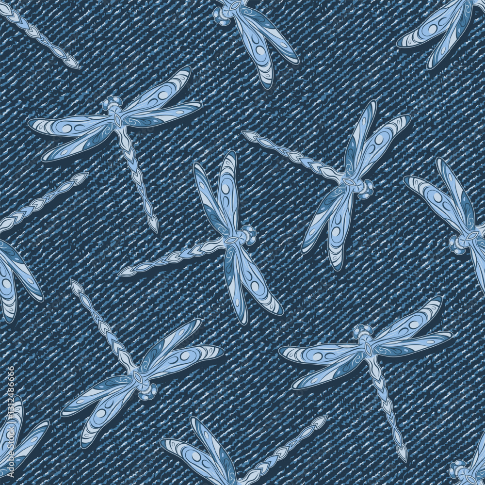 Aufkleber seamless denim pattern with flying dragonflies with spread wings. random composition. boho style. do