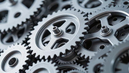 Intricate metal gear wheels interlocking, industrial precision