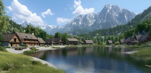 Naklejka premium Picturesque Mountain Village Beside a Tranquil Lake