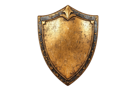 Golden medieval shield isolated on transparent background