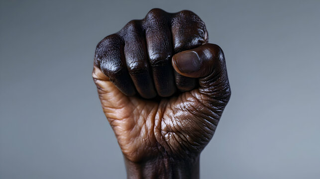 A close up of a dark fist raised upwards proudly