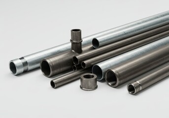 Fototapeta premium Industrial Pipes and Fittings - Metal pipes, fittings, and connections for industrial . Shows variety, strength, and precision engineering. Ideal for construction, manufacturing
