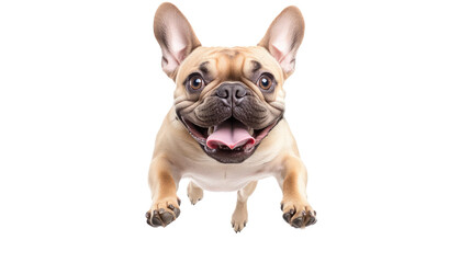 Obraz premium Joyful French Bulldog Leaping in Mid-Air with Playful Expression and Wrinkled Face