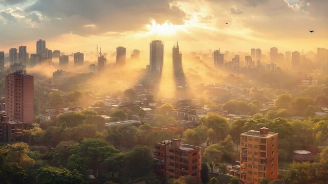 Golden sunlight breaking through misty layers, revealing Santiago's urban panorama from high above, soft illumination spreading across metropolitan skyline during early morning hours