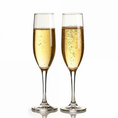 Two slender champagne flutes stand tall. One glass empty, another filled with sparkling golden wine bubbles. Elegant drink served on celebration, anniversary, romantic date. Luxury beverage.