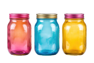 Three Colorful Mason Jars with Lids Isolated on a Transparent background for Creative and Decorative Uses