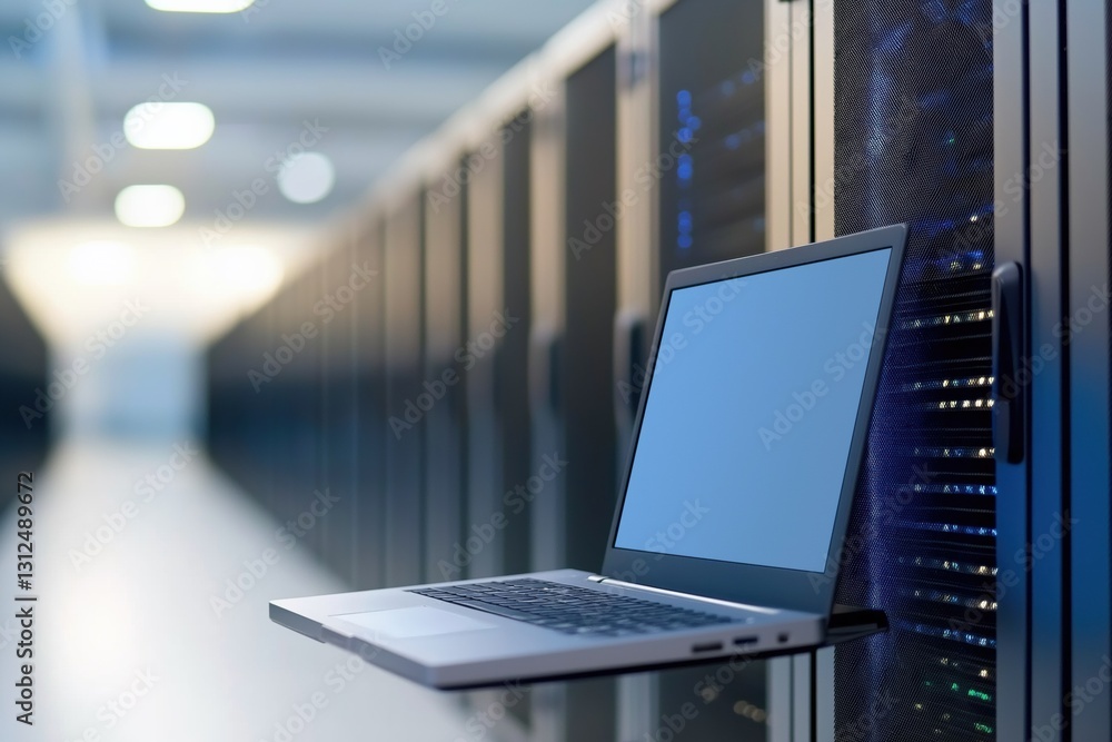 Poster a laptop is open on a rack of servers. the laptop is displaying a blank screen. the servers are in a