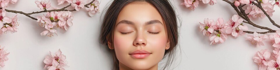 A woman is laying in a bathtub with pink flowers in the background. The flowers are pink and white and are scattered throughout the image. The woman is relaxed and enjoying her time in the bathtub