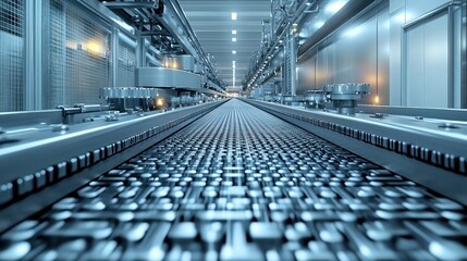 An industrial conveyor belt system transporting items through a factory
