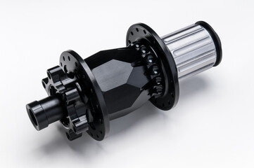 Black bicycle hub isolated on white background. Professional bike bearings.