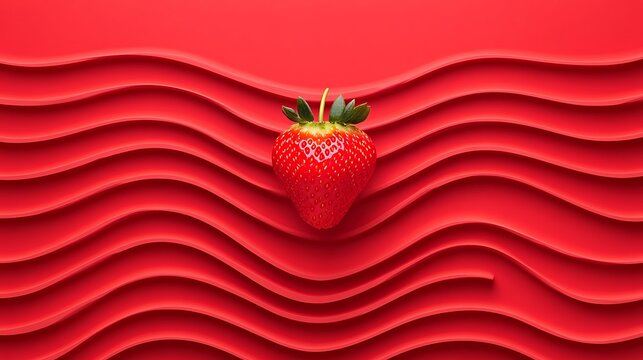 Strawberry fruit on red wavy plastic surface. Use food blog header or background design element