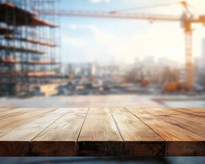 Wooden table surface with blurred background of city construction site, showcasing blank space for product display or advertisement, ideal for construction or real estate themes