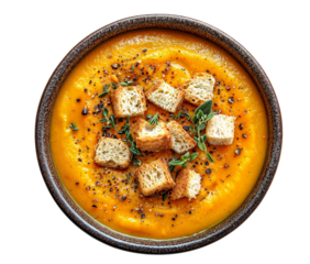 A warm bowl of a vibrant pumpkin soup topped with croutons, spices and herbs, isolated over transparent background, PNG cut-out