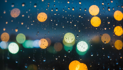 Fototapeta premium Raindrops on a Glass Window with Blurred City Lights