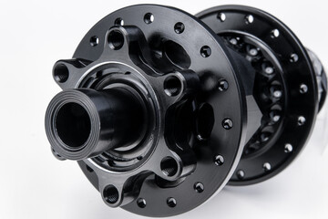 Black bicycle hub isolated on white background. Professional bike bearings.