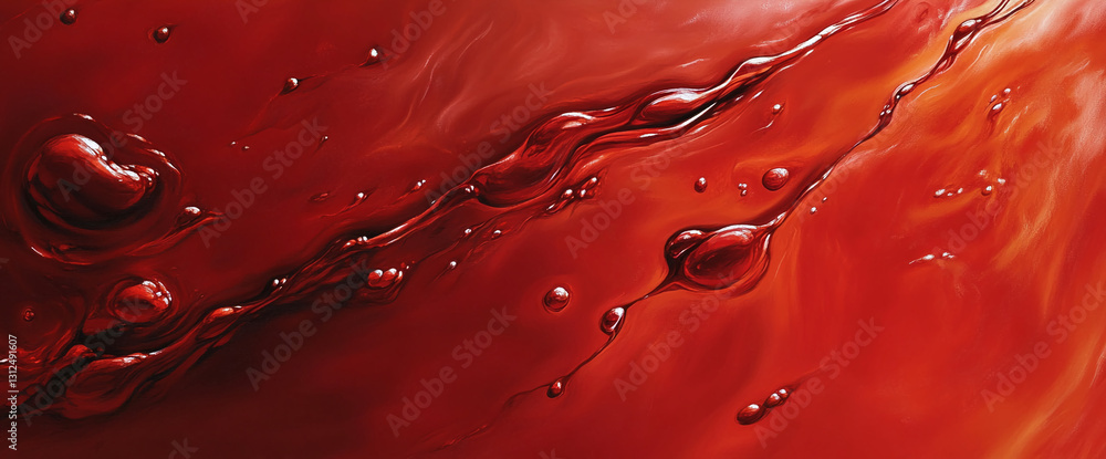 Poster intricate red liquid texture, swirling patterns and glossy bubbles create dynamic visual. represents